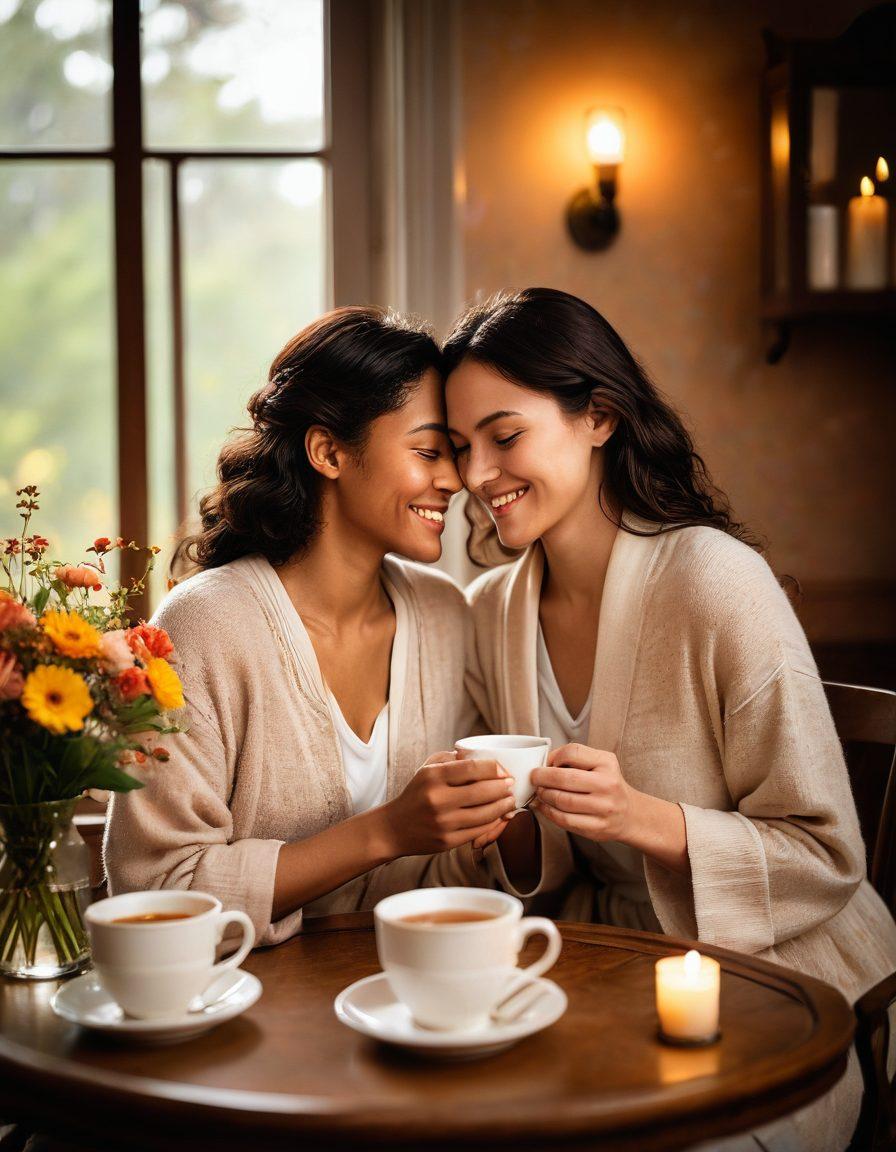 A warm, cozy setting with two people sharing a candid moment, their hands gently intertwined. Soft, ambient lighting envelops the scene, highlighting their smiles and the bond they share. Surrounding them are symbols of tenderness: blooming flowers, a steaming cup of tea, and a glowing heart in the background. The atmosphere is intimate, evoking feelings of love and connection. soft focus, painting, warm colors.