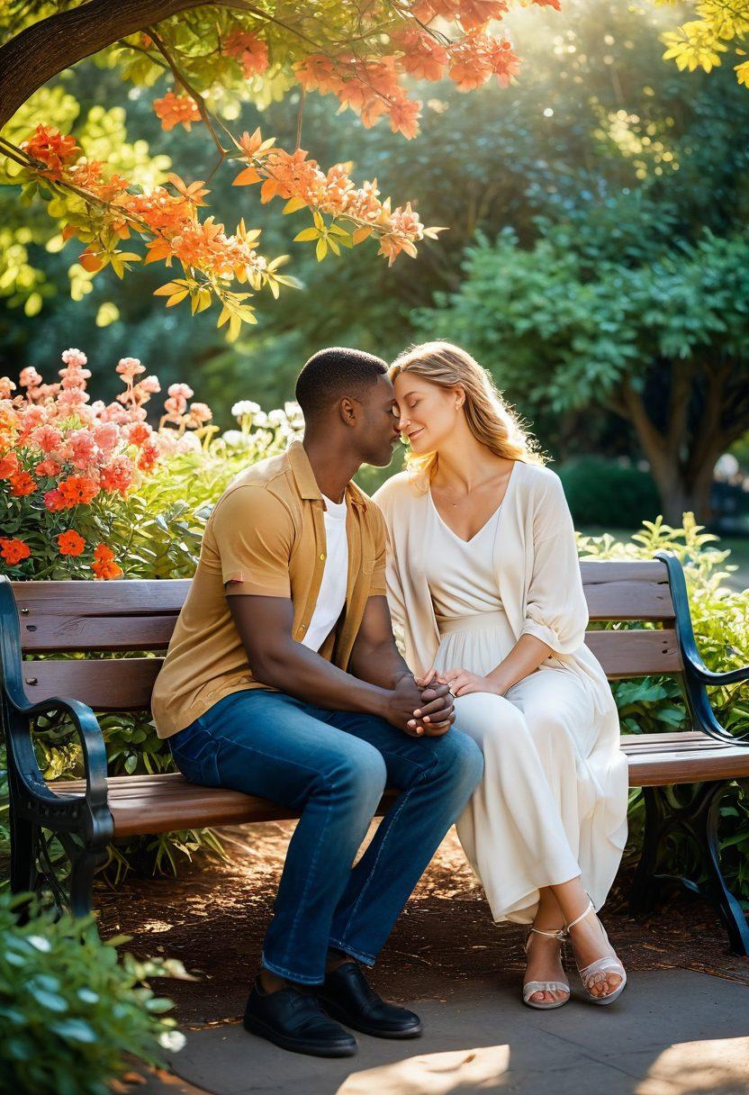 A serene couple sitting on a cozy park bench, surrounded by blooming flowers, holding hands and gazing into each other's eyes. Soft sunlight filtering through the trees above, casting a warm glow. Heart-shaped leaves floating in the breeze, symbolizing love and support. A subtle background of warm hues conveying a sense of tranquility. vibrant colors. super-realistic.