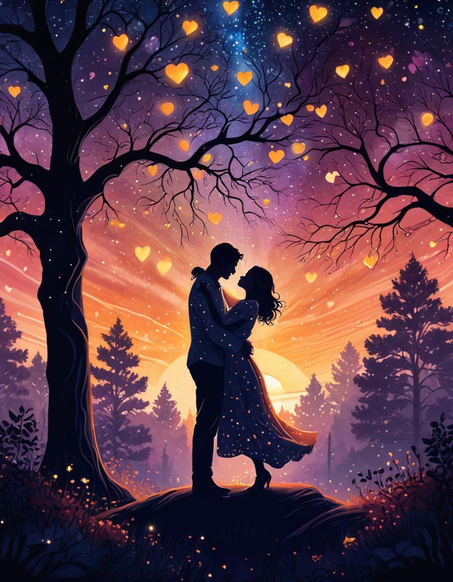 A romantic scene featuring a couple embracing under a starry night sky, surrounded by glowing hearts and soft, swirling lights that represent magic. The background includes silhouettes of trees and a gentle moonlight casting a warm glow. The couple is depicted with joyful expressions, symbolizing passion and devotion. The colors should be rich and vibrant to evoke a sense of warmth and connection. dreamy illustration. vibrant colors. fantasy style.